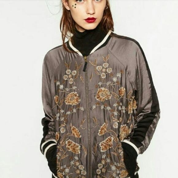 Zara beaded floral embroidered embellished varsity style jacket sz Medium - Picture 3 of 11